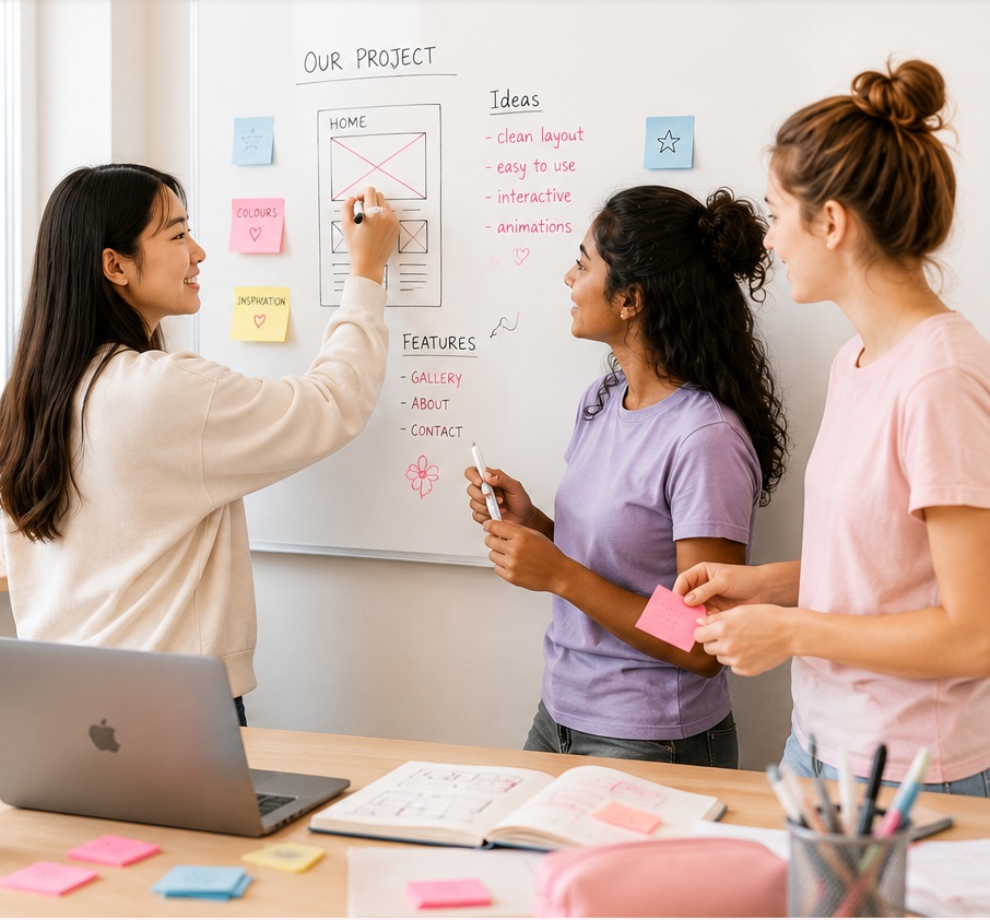 Three girls collaborating while planning a website on a whiteboard