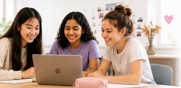 A multicultural group of girls in casual clothes working together on a laptop