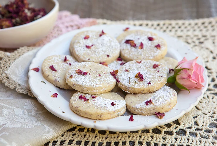 picture of rose petal vanilla bean shortbread cookies and the link to the recipe