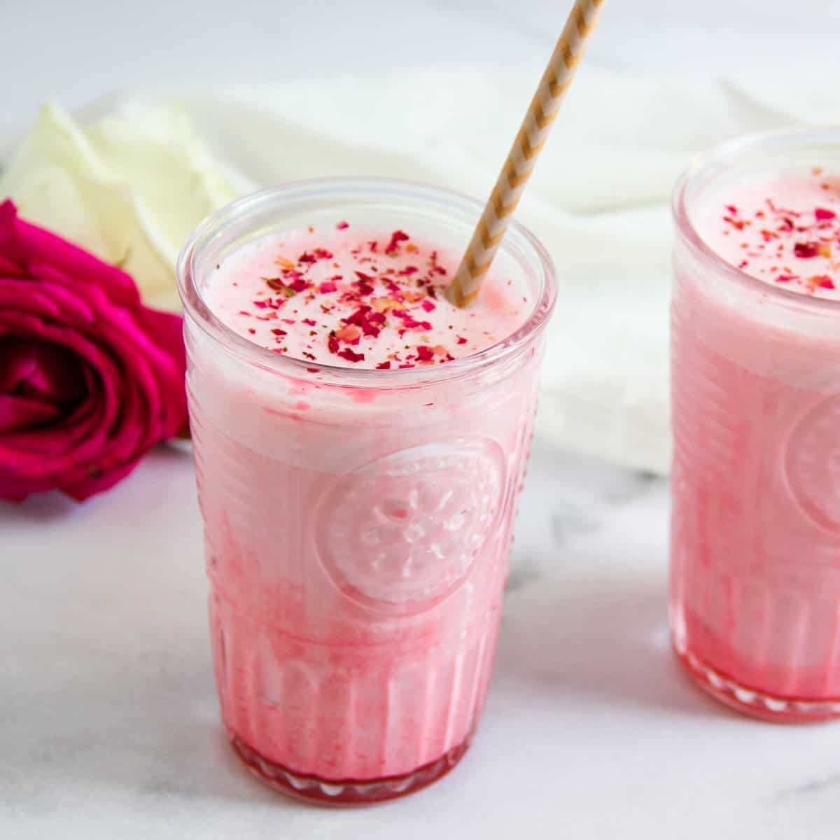 picture of rose lassi and the link to the recipe